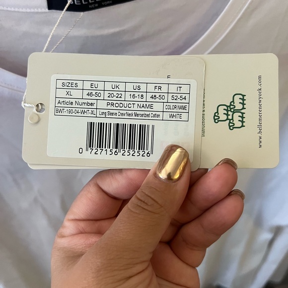 BELLEMERE WHITE LONG SLEEVE CREW NECK MERCERIZED COTTON TOP | SIZE XL NEW W TAGS - Picture 5 of 6